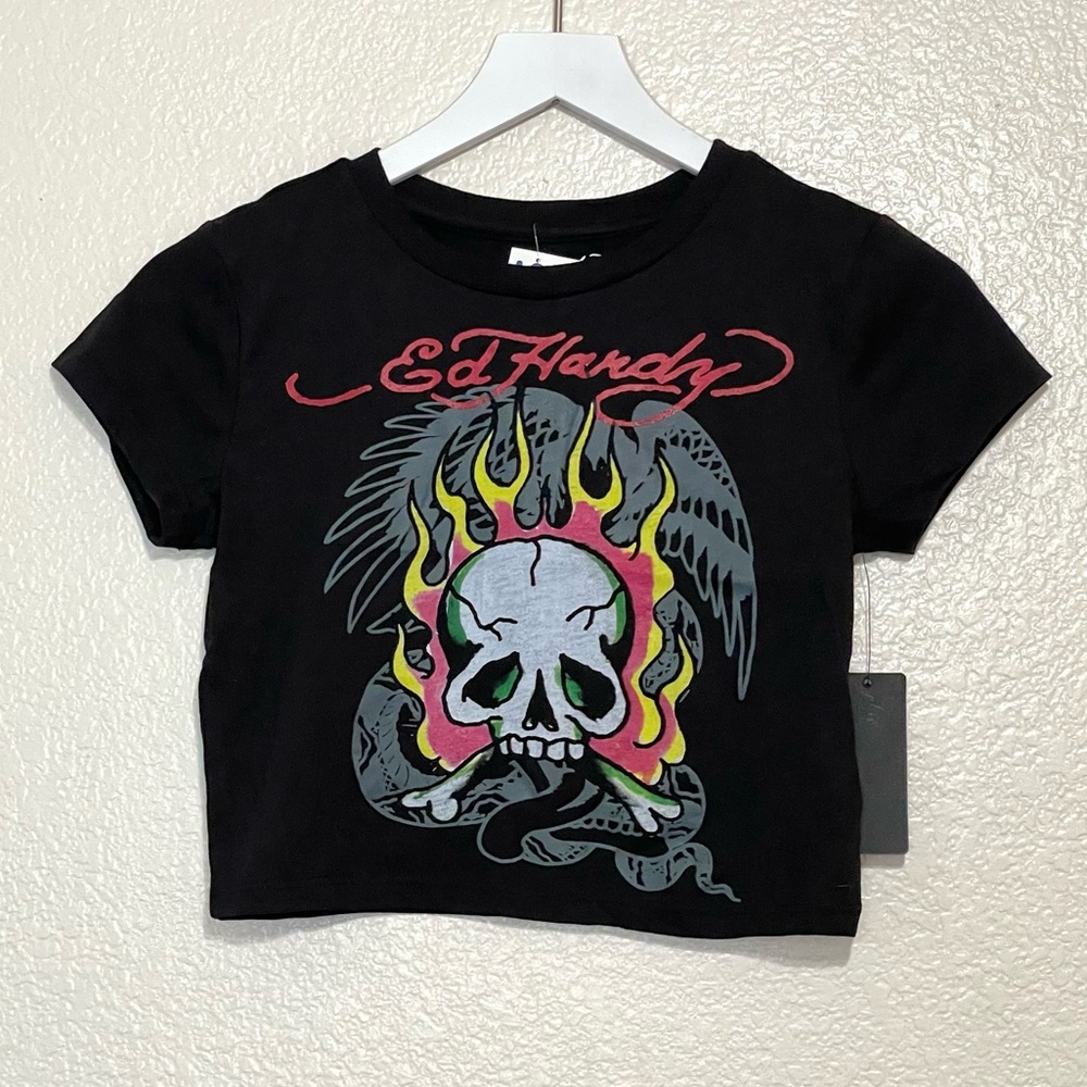 Ed Hardy Y2K Black Skull Snake Flames Graphic Cropped Tee